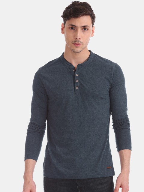 

Cherokee Men Navy Blue Solid Mandarin Collar T-shirt