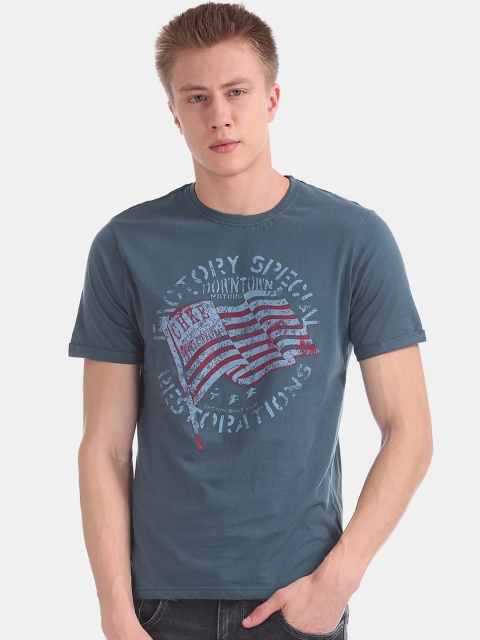 

Cherokee Men Teal Blue Printed Round Neck Pure Cotton T-shirt