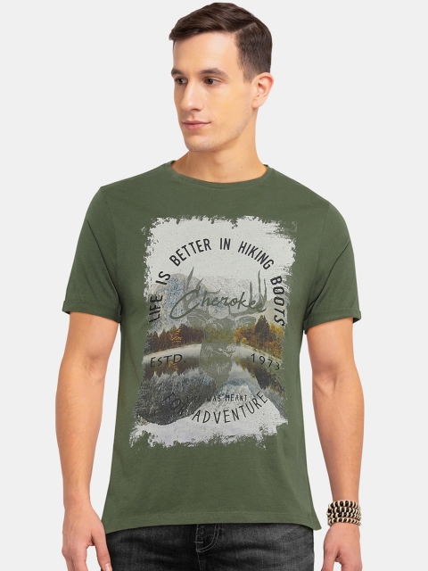

Cherokee Men Olive Green Printed Round Neck T-shirt