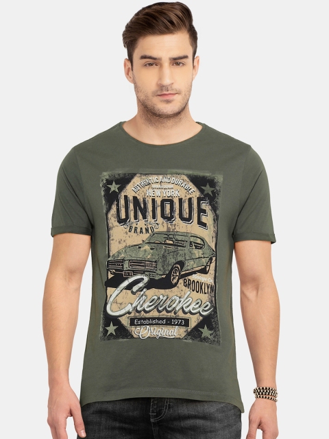 

Cherokee Men Olive Green Printed Round Neck T-shirt