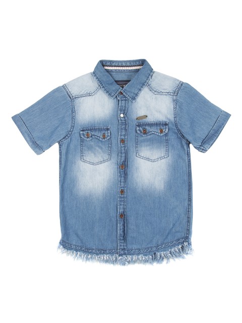 

Cherokee Boys Blue Regular Fit Washed Fringe Hem Chambray Casual Shirt