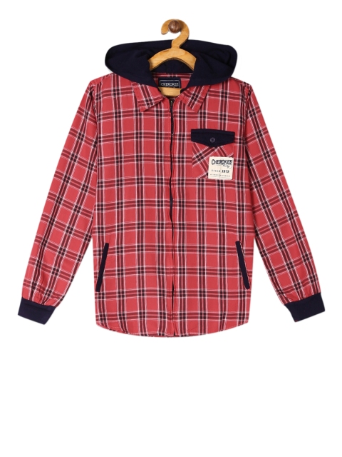 

Cherokee Boys Red & Black Regular Fit Checked Casual Hooded Shirt