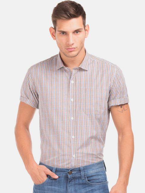 

Excalibur Men White & Brown Regular Fit Checked Casual Shirt