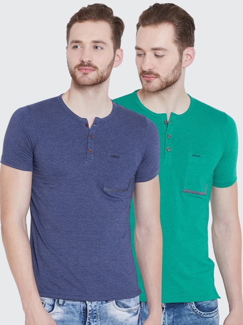 

Adobe Men Pack of 2 Solid Mandarin Collar T-shirts, Blue