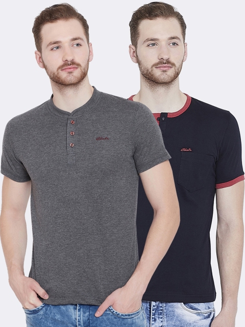 

Adobe Men Pack of 2 Solid Henley Neck T-shirts, Charcoal