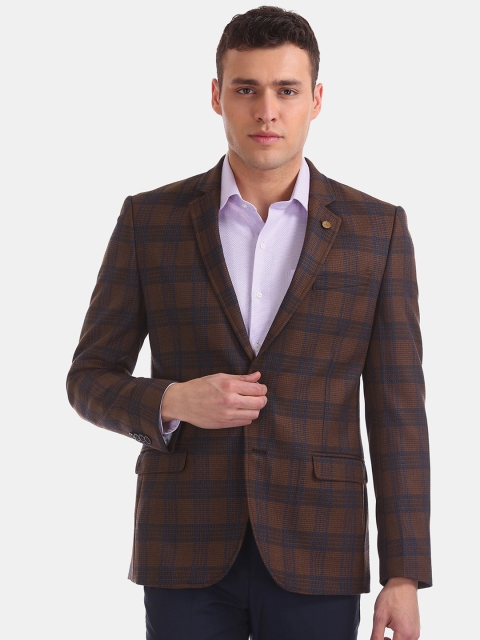 

Arrow Men Navy Blue & Brown Checked Regular-Fit Single-Breasted Blazer