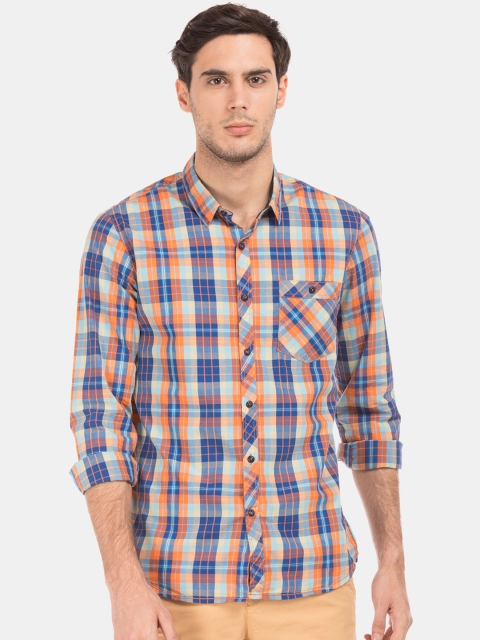 

Colt Men Orange & Blue Regular Fit Checked Casual Shirt