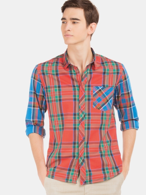 

Colt Men Orange & Blue Slim Fit Checked Casual Shirt