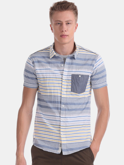 

Colt Men Off-White & Blue Slim Fit Striped Casual Shirt