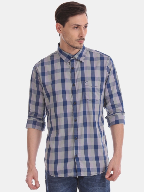 

Ruggers Men Grey & Blue Slim Fit Checked Casual Shirt