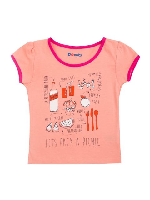 

Donuts Girls Coral Pink Printed Round Neck T-shirt