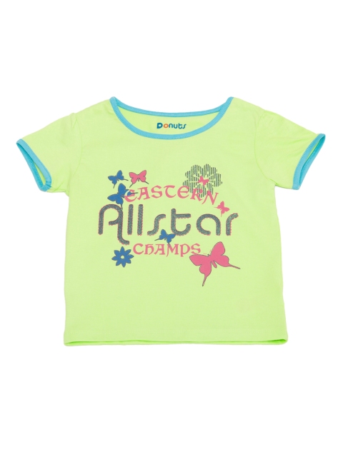 

Donuts Girls Fluorescent Green Glitter Printed Round Neck T-shirt