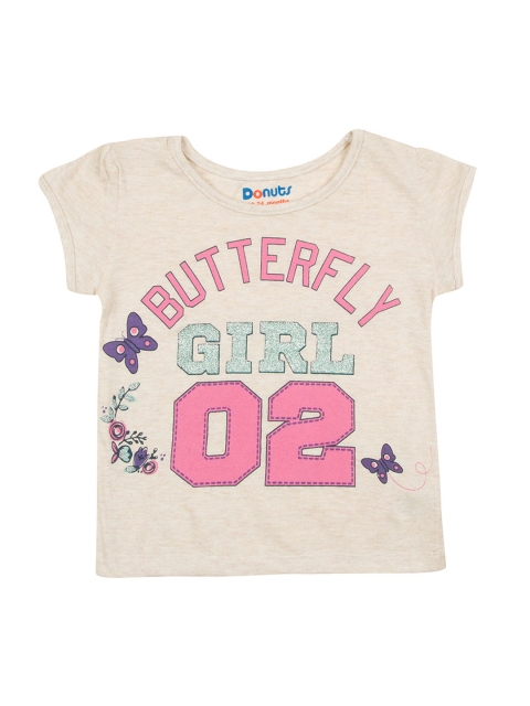 

Donuts Girls Cream-Coloured Printed Round Neck T-shirt