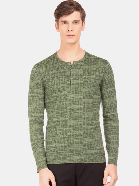

Cherokee Men Olive Green Printed Henley Neck T-shirt