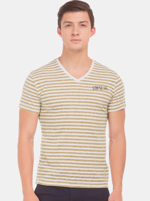 

Cherokee Men Beige Striped V-Neck T-shirt