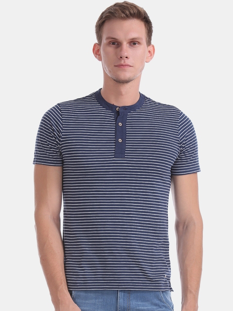 

Cherokee Men Blue Striped Henley Neck Pure Cotton T-shirt