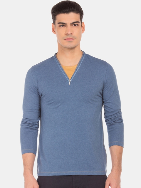 

Cherokee Men Blue Solid V-Neck Pure Cotton T-shirt