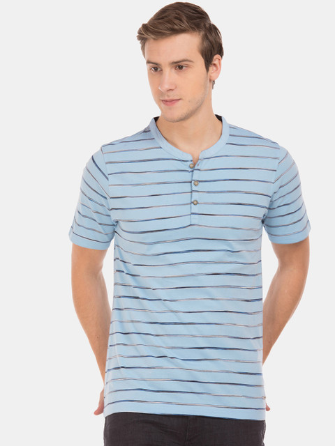 

Cherokee Men Blue Striped Henley Neck T-shirt