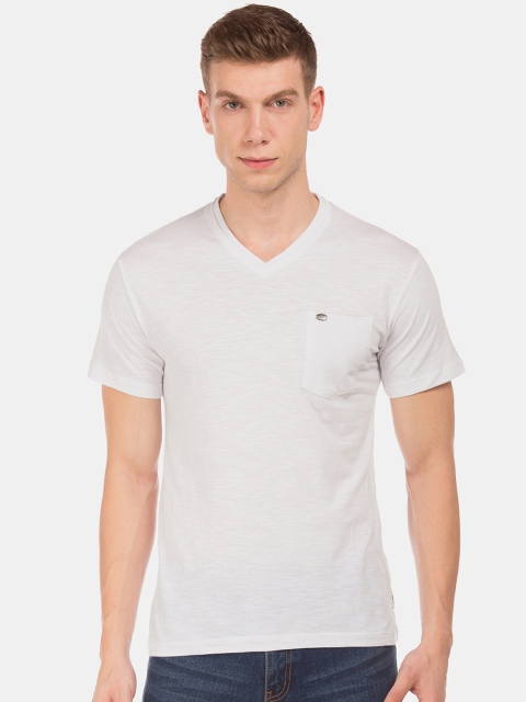 

Cherokee Men White Solid V-Neck Pure Cotton T-shirt