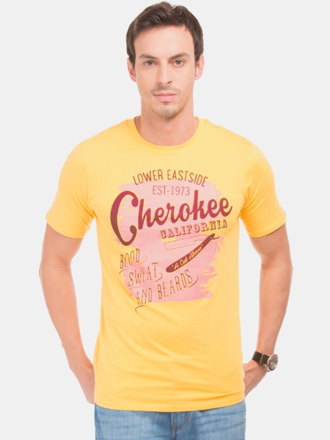 

Cherokee Men Yellow Printed Round Neck Pure Cotton T-shirt