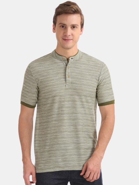 

Cherokee Men White & Olive Green Striped Mandarin Collar T-shirt