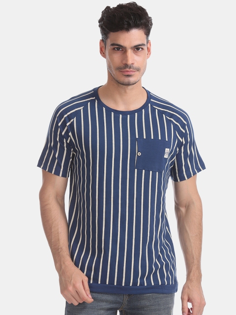 

Cherokee Men Blue Striped Round Neck Pure Cotton T-shirt