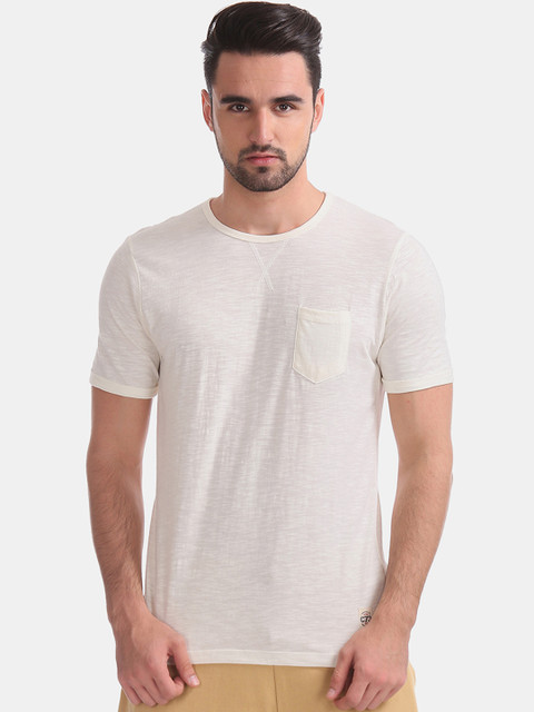 

Cherokee Men White Solid Round Neck Pure Cotton T-shirt