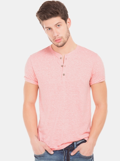 

Cherokee Men Pink Self Design Henley Neck T-shirt