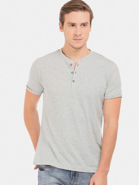 

Cherokee Men Grey Melange Solid Henley Neck Linen T-shirt