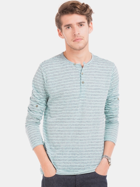 

Cherokee Men Blue & Grey Striped Henley Neck T-shirt