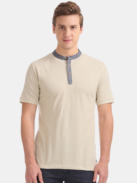 

Cherokee Men Cream-Coloured Solid Henley Neck Pure Cotton T-shirt