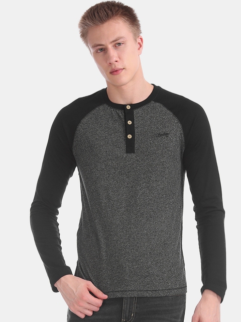 

Cherokee Men Charcoal Grey & Black Colourblocked Henley Neck T-shirt