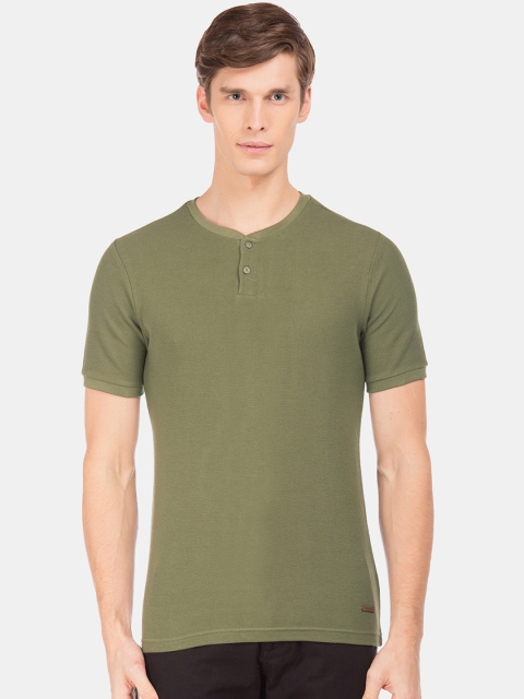 

Cherokee Men Olive Green Solid Henley Neck T-shirt