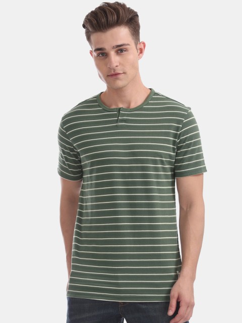 

Cherokee Men Green Striped Round Neck Pure Cotton T-shirt