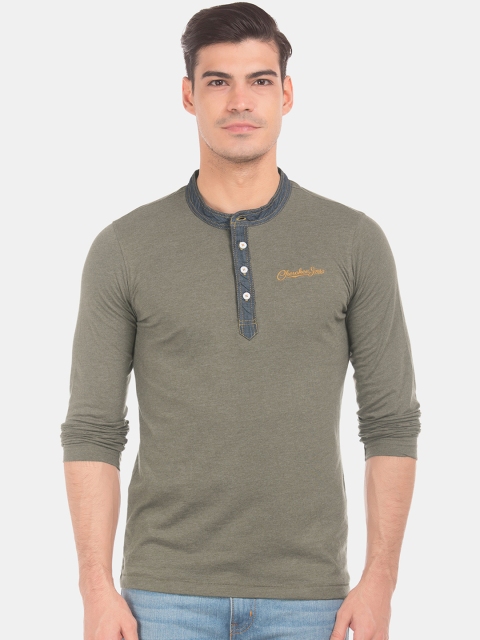 

Cherokee Men Olive Green Solid Slim Fit Henley Neck T-shirt