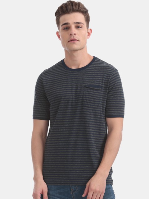 

Cherokee Men Navy Blue Grey Striped Round Neck Pure Cotton T-shirt