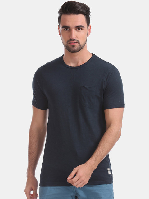 

Cherokee Men Navy Blue Solid Round Neck Pure Cotton T-shirt