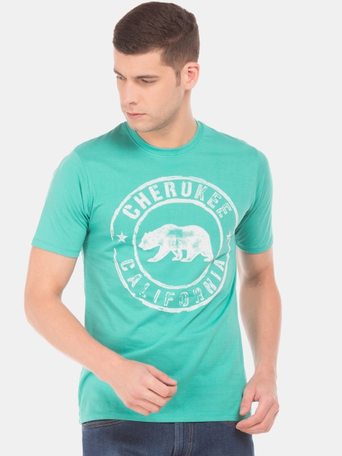 

Cherokee Men Green & White Printed Slim Fit Round Neck T-shirt