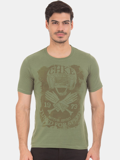 

Cherokee Men Olive Green Printed Round Neck T-shirt