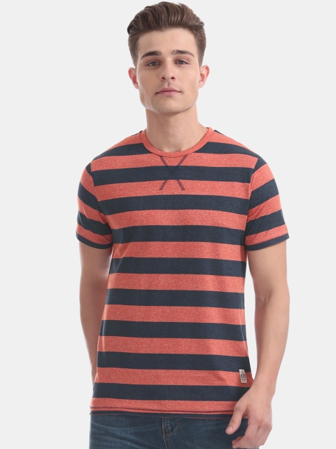 

Cherokee Men Rust Red & Navy Blue Striped Round Neck T-shirt