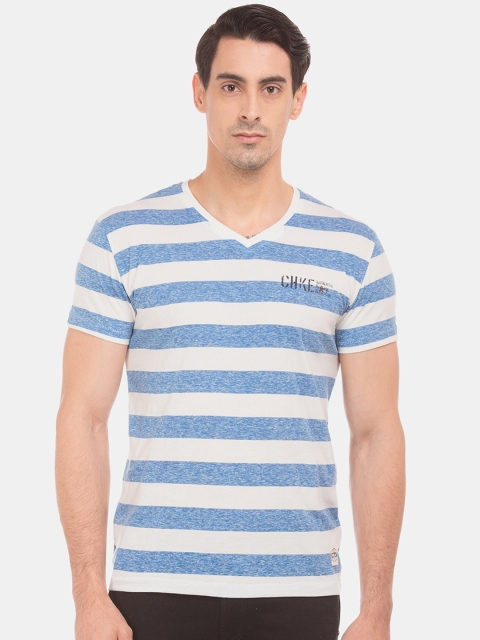 

Cherokee Men Blue & White Striped V-Neck T-shirt