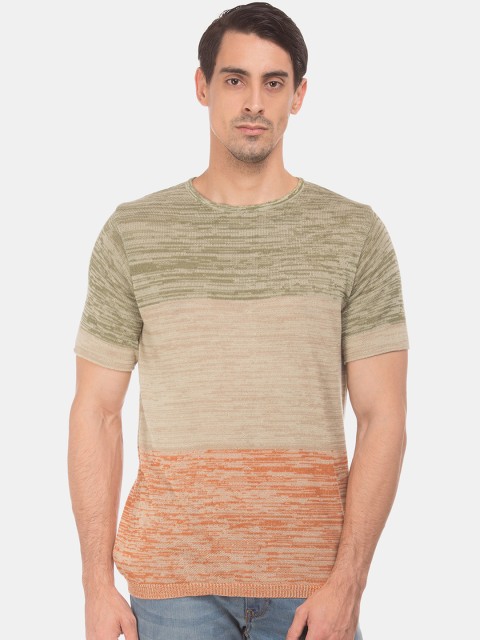 

Cherokee Men Beige & Olive Green Colourblocked Slim Fit Round Neck T-shirt