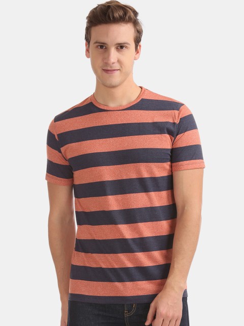 

Cherokee Men Orange & Navy Blue Striped Round Neck T-shirt