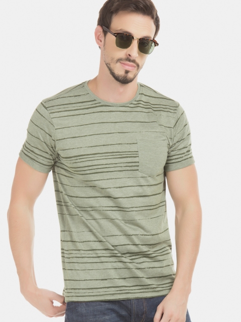 

Cherokee Men Olive Green Striped Slim Fit Round Neck T-shirt