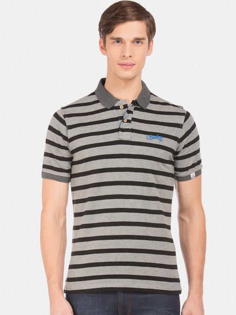 

Cherokee Men Grey & Black Striped Polo Collar T-shirt