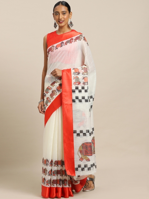 

Mirchi Fashion White & Orange Polycotton Printed Saree