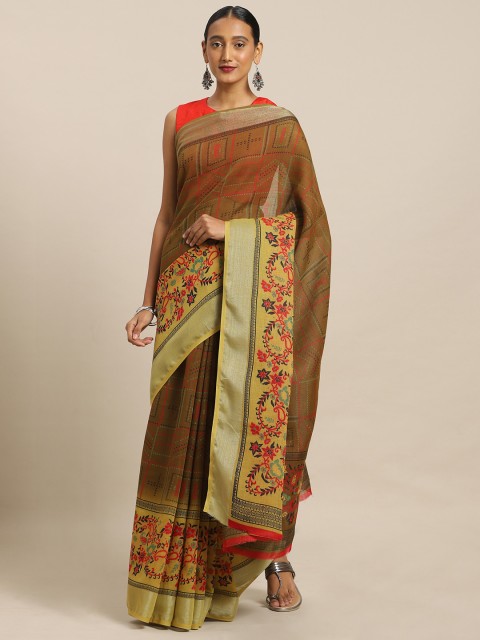 

Mirchi Fashion Brown & Beige Linen Blend Printed Saree