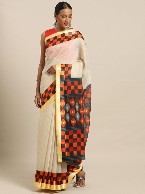 

Mirchi Fashion Off-White & Red Polycotton Solid Saree