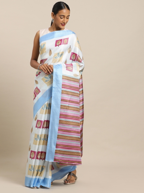 

Mirchi Fashion White & Blue Art Silk Printed Saree