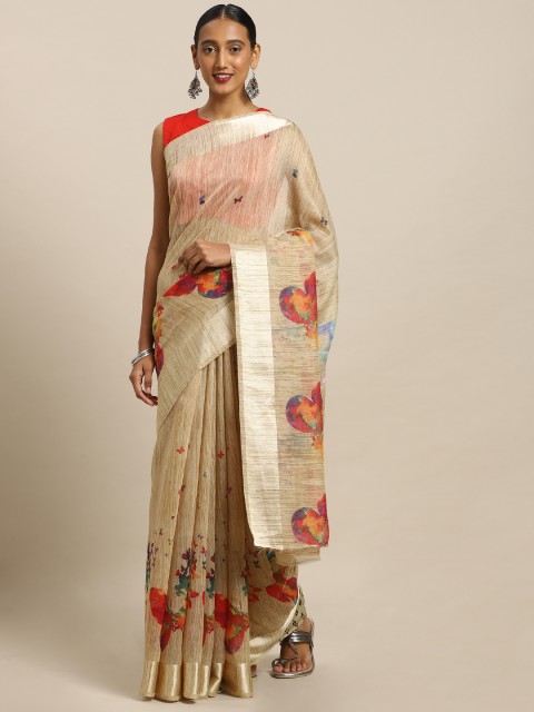 

Mirchi Fashion Beige & Red Polycotton Woven Design Saree